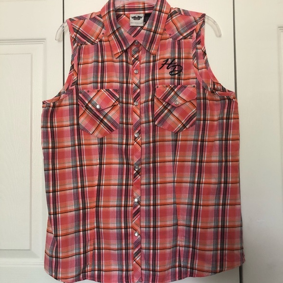 Harley-Davidson Tops - Harley Davidson Orange Plaid SL Snap Button Blouse